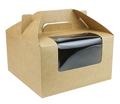 Emartbuy Starkes Papier Steh auf Quadratische Geschenkbox-Tasche, 16 cm x 16 cm x 9 cm, Braune Krafttasche Box Cupcakes Kekse Muffin Kuchen Box mit Klarem Fenster und Tragegriff - Pack mit 12 Stück von emartbuy