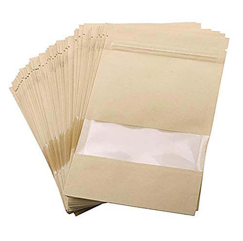 emartbuy 50 Stück Kraftpapiertüten Stand Up Lebensmittelbeutel Wiederverwendbarer Verschlussbeutel Mit Transparentem Fenster Beutel Taschen Für Tee Candy Kaffeebohnen Lagerung - 20 cm X 30 cm von emartbuy