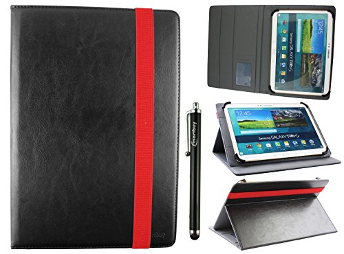 emartbuy Universal 10-11 Zoll Schwarz Multi Angle Folio Brieftasche Case Cover Mit Card Slots Rot Elastische Strap Und Stylus Stift Geeignet Für Ausgewählte Geräte Aufgeführt Unten von emartbuy