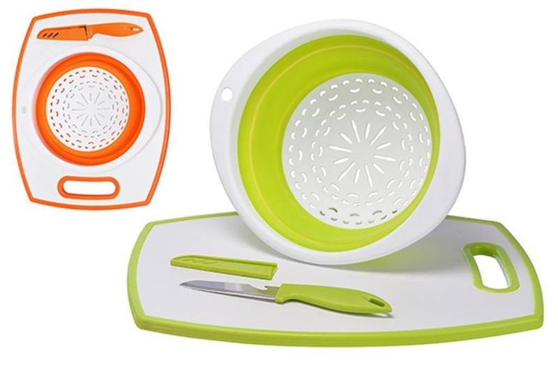 emeco Küchensieb Schneidebrett mit Abtropfsieb und Messer Sieb (faltbar) im 3er Set Far, Silikon, (3-St) von emeco