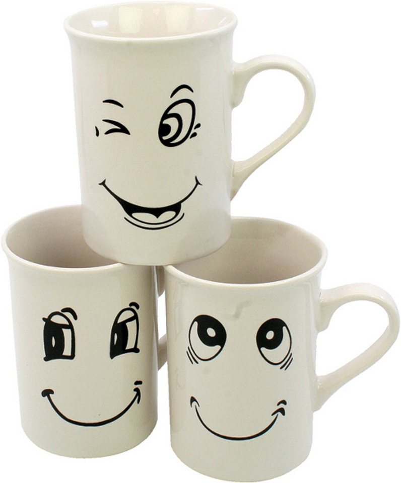 emeco Tasse 6er Set Tassen Kaffeetassen Becher 265 ml Smiley Tee Tasse weiß, Keramik von emeco
