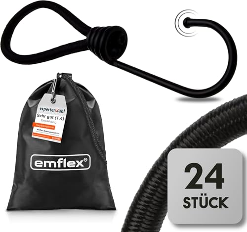 emflex® ES-MAX Profi Expanderschlingen mit Haken [24 Stück] - Extra Starke Planenspanner mit Haken & Tasche - 160mm Spanngummi mit Haken von emflex
