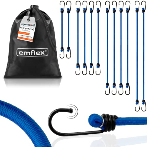 emflex® GS-MAX Profi Spanngummi Set in Blau [12 Stück] inkl. Tasche - MARKTINNOVATION - Expander mit Haken & integrierten Kratzschutz-Kappen - Universal Gepäckspanner von emflex
