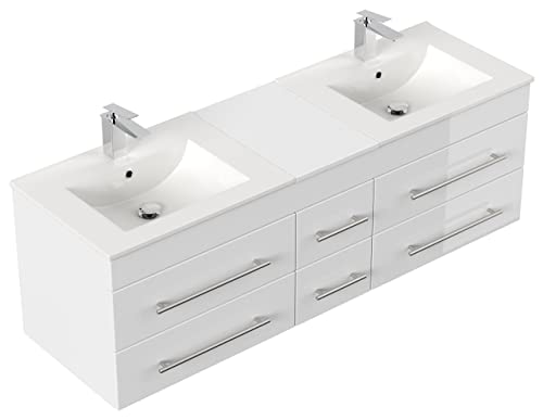 emotion | 2er Waschtisch-Set in Weiss Hochglanz | Made in Germany | B153 x H50,3 x T47 cm | 2X Keramik-Waschbecken mit Unterschrank und 6X Schubladen | Doppelwaschtisch für designvolle Badezimmer emotion | 2er Waschtisch-Set in Weiss Hochglanz | Made in Germany | B153 x H50,3 x T47 cm | 2X Keramik-Waschbecken mit Unterschrank und 6X Schubladen | Doppelwaschtisch für designvolle Badezimmer von emotion