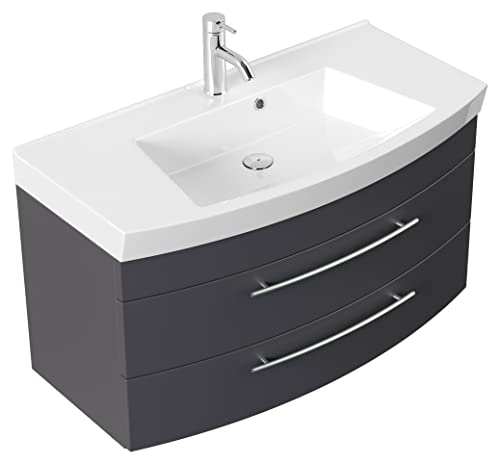 emotion | Waschbecken mit Unterschrank in Anthrazit Seidenglanz | Made in Germany | B100,5 x H57,2 x T50,2 cm | Waschtischunterschrank mit Zwei Schubladen | Mineralgussbecken für designvolle von emotion