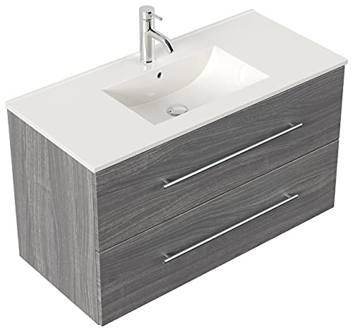 emotion | Waschbecken mit Unterschrank in Silber-Eiche | Made in Germany | B101 x H56 x T47 cm | Waschtischunterschrank mit Zwei Schubladen | Keramik-Badmöbel für designvolle Badezimmer von emotion