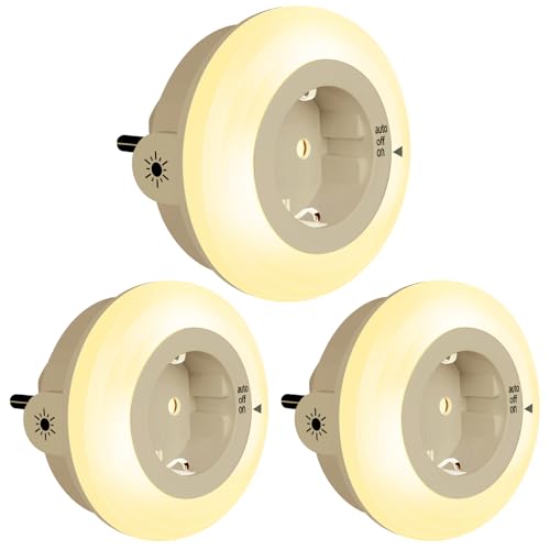 emotionlite Nachtlicht Steckdose mit Dämmerungssensor,LED Nachtlampe Kinder Schutzsteckdose mit Helligkeitssensor, Auto/OFF/ON mit Lichtsensor 3 Helligkeit Einstellbar, warmweiß 2700K (3 Stück) von emotionlite