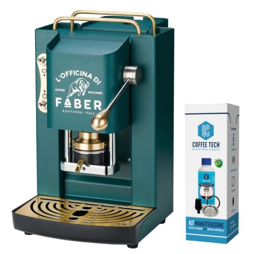 emozioni quotidiane Faber Pro Deluxe Kaffeemaschine mit Messingveredelungen mit Pads aus Ese-Papier 44 mm + Reinigungsset für Entkalker + 20 Kaffeepads gratis (British Green) von emozioni quotidiane