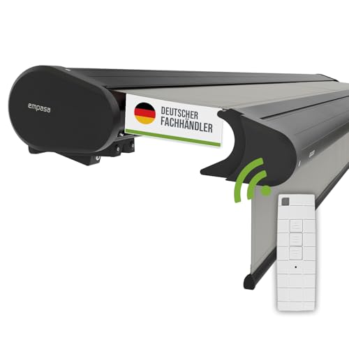 empasa Elektrische Vollkassettenmarkise 'Premium' Kassettenmarkise Gelenkarmmarkise Markise Sonnenschutz mit manuell ausfahrbarem Volant, komplett vormontiert, viele Farben und Größen wählbar von empasa