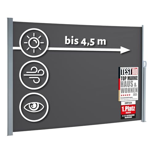 empasa Seitenmarkise Start 2.0 Sichtschutz Sonnenschutz Windschutz Markise ausziehbar für Garten, Balkon und Terrasse, mit Standfuß, Farbe:anthrazit, Größe:160 x 450 von empasa