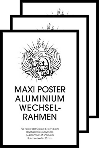 3 Stück Rahmen #354556 ALU Maxi Poster Qualitäts-Wechselrahmen der Marke Shinsuke® Profil: 30mm Aluminium für Maxi-Poster 61x91,5cm schwarz (mit Acryl von empireposter
