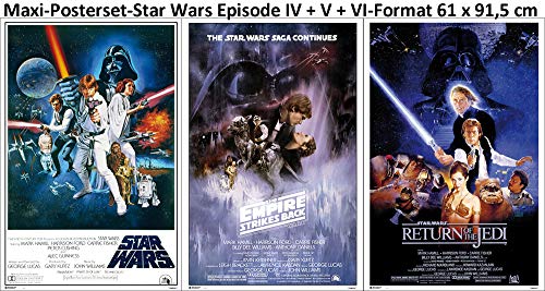 3er-Set Star Wars Set Classic Episode IV + V + VI Poster Grösse je 61x91,5 + Wechselrahmen, Shinsuke® 3 Stück Maxi MDF Silber, Acryl-Scheibe von empireposter