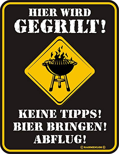 empireposter Hier Wird gegrillt! Keine TIPP - Blech-Schild Blechschild mit Spruch, 4 Saugnäpfe - Grösse 17x22 cm von empireposter