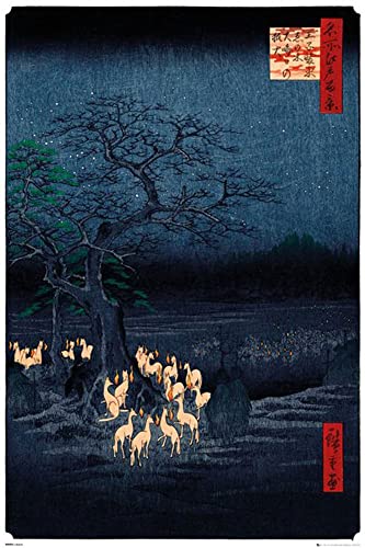 Hiroshige, Utagawa - New Years Eve - Foxfire - Poster Japanische Zeichnung - Grösse 61x91,5 cm + 2 St Posterleisten Kunststoff 62 cm transparent von empireposter