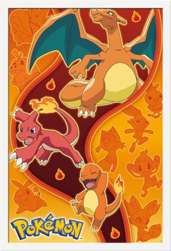 Pokemon - Fire Type - Anime Spiel Poster - Größe 61x91,5 cm + Wechselrahmen, Shinsuke® Maxi MDF Weiss, Acryl-Scheibe von empireposter