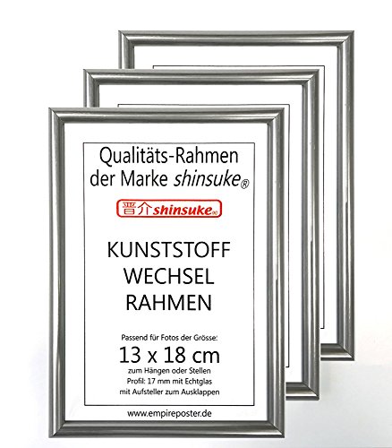 empireposter 3 Stück Wechselrahmen Foto-Rahmen der Marke Shinsuke® der Grösse 13x18 cm aus Kunststoff - Silber. 17mm Profil mit Acrylglas von empireposter