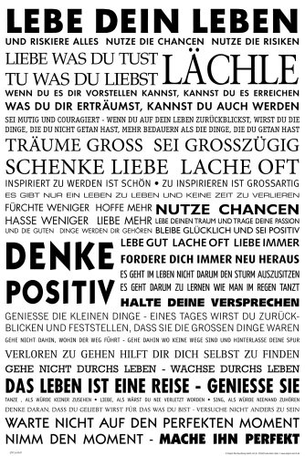 Motivational - Lebe Dein Leben Motivations Poster Plakat Druck - Grösse cm + 2 St Posterleisten Kunststoff 62 cm schwarz von empireposter