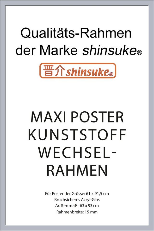 empireposter Rahmen Posterrahmen Wechselrahmen Shinsuke® Maxi-Poster Profil: 15mm Kunststoff 61x91,5cm, Farbe silber mit Acryl-Scheibe von empireposter