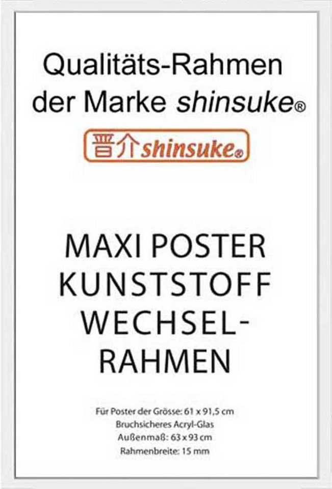 empireposter Rahmen Posterrahmen Wechselrahmen Shinsuke® Maxi-Poster Profil: 15mm Kunststoff 61x91,5cm, Farbe weiss mit Acryl-Scheibe von empireposter