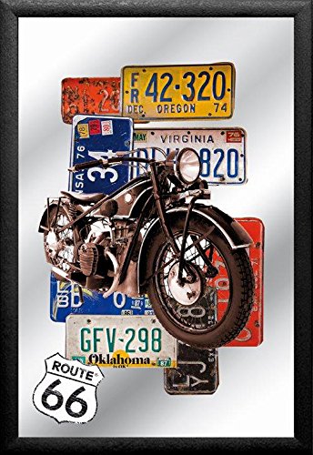 empireposter Route 66 Rotes Bike - Bedruckter Spiegel mit Kunststoff Rahmen in Holzoptik, Kult-Spiegel - Grösse 20x30 cm von empireposter