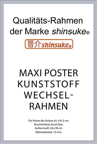empireposter Wechselrahmen Shinsuke® Maxi-Poster 61,5x91cm Qualitätsrahmen, Profil: 15mm - Kunststoff Silber, Acrylscheibe beidseitig foliengeschützt von empireposter