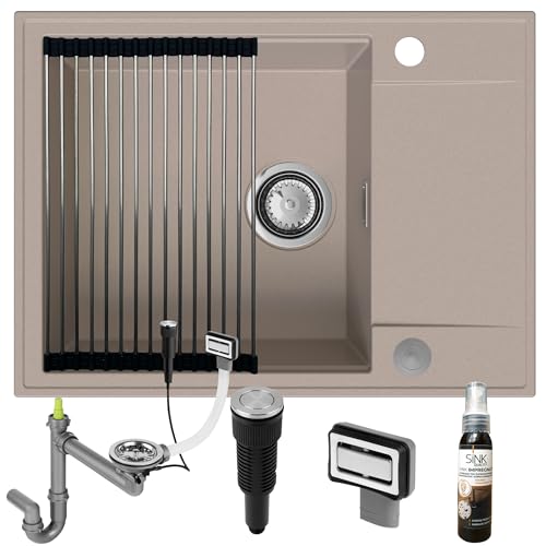 SINK QUALITY Granitspüle beige 62x46 - Spülbecken mit Siphon PUSH, Abtropfgestell, Imprägniermittel - Küchenspüle beige mit Abtropffläche für 55er Unterschrank von empiria SINK QUALITY