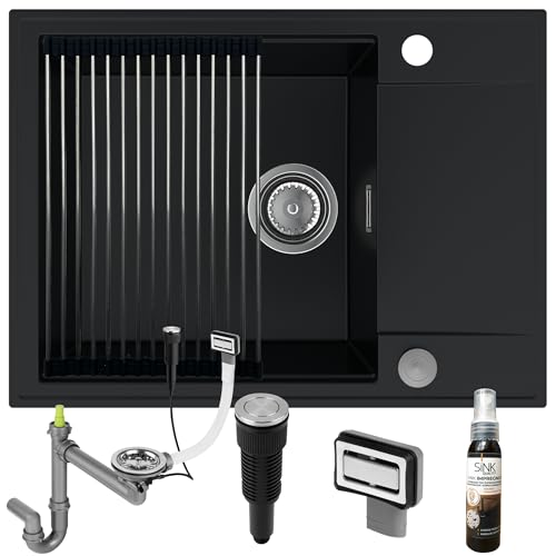 SINK QUALITY Granitspüle schwarz 62x46 - Spülbecken mit Siphon PUSH, Abtropfgestell, Imprägniermittel - Küchenspüle schwarz mit Abtropffläche für 55er Unterschrank von empiria SINK QUALITY