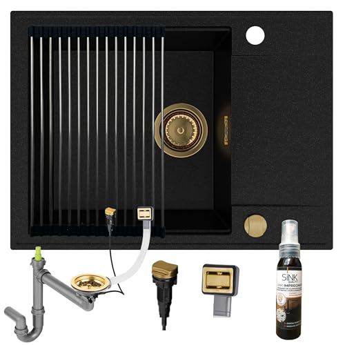 SINK QUALITY Granitspüle schwarz mit goldenen Flecken 62x46 - Spülbecken mit goldenen Siphon, Abtropfgestell, Imprägniermittel - Küchenspüle mit Abtropffläche für 55er Unterschrank SINK QUALITY Granitspüle schwarz mit goldenen Flecken 62x46 - Spülbecken mit goldenen Siphon, Abtropfgestell, Imprägniermittel - Küchenspüle mit Abtropffläche für 55er Unterschrank von empiria SINK QUALITY