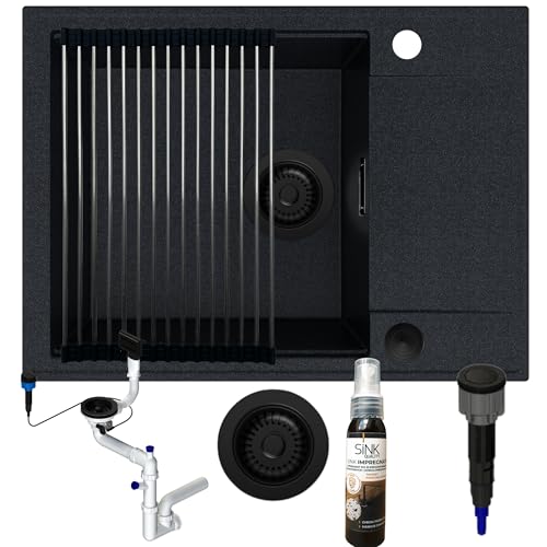 SINK QUALITY Granitspüle schwarz mit weißen Flecken 62x46 - Spülbecken mit schwarzer Siphon PUSH, Abtropfgestell, Imprägniermittel - Küchenspüle mit Abtropffläche für 55er Unterschrank SINK QUALITY Granitspüle schwarz mit weißen Flecken 62x46 - Spülbecken mit schwarzer Siphon PUSH, Abtropfgestell, Imprägniermittel - Küchenspüle mit Abtropffläche für 55er Unterschrank von empiria SINK QUALITY