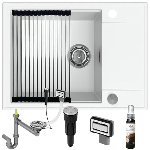 SINK QUALITY Granitspüle weiß 62x46 - Spülbecken mit Siphon PUSH, Abtropfgestell, Imprägniermittel - Küchenspüle weiß mit Abtropffläche für 55er Unterschrank von empiria SINK QUALITY