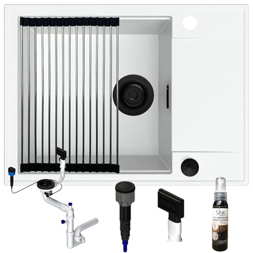 SINK QUALITY Granitspüle weiß 62x46 - Spülbecken weiß mit schwarzer Siphon PUSH, Abtropfgestell, Imprägniermittel - Küchenspüle mit Abtropffläche für 55er Unterschrank von empiria SINK QUALITY