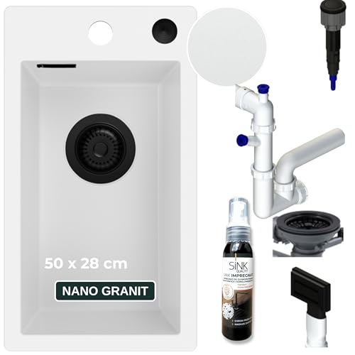 SINK QUALITY Küchenspüle klein weiß 28x50 cm - Spülbecken schmal mit Siphon PUSH schwarz und Imprägniermittel - Granitspüle klein für Unterschränke ab 40 cm - Einbauspüle aus Granit von empiria SINK QUALITY