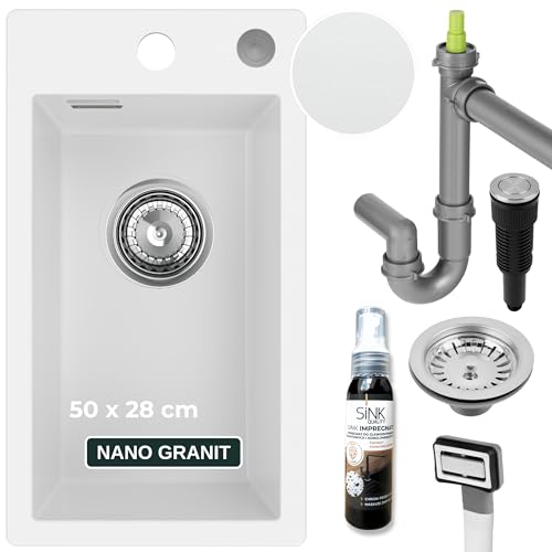 SINK QUALITY Küchenspüle klein weiß 28x50 cm - Spülbecken schmal mit Siphon PUSH und Imprägniermittel - Granitspüle klein für Unterschränke ab 40 cm - Einbauspüle aus Granit von empiria SINK QUALITY