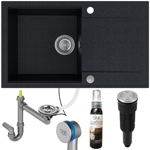 SINK QUALITY Küchenspüle mit Abtropffläche - Spülbecken Schwarz gesprenkelt 78x46 cm - inkl. Siphon PUSH und Imprägnieren - Einbauspüle für 60er Unterschrank - Granitspüle Schwarz von empiria SINK QUALITY