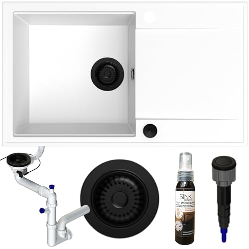 SINK QUALITY Küchenspüle mit Abtropffläche - Spülbecken Weiß 78x46 cm - inkl. Siphon PUSH Schwarz und Imprägnieren - Einbauspüle für 60er Unterschrank - Granitspüle Weiß XXL SINK QUALITY Küchenspüle mit Abtropffläche - Spülbecken Weiß 78x46 cm - inkl. Siphon PUSH Schwarz und Imprägnieren - Einbauspüle für 60er Unterschrank - Granitspüle Weiß XXL von empiria SINK QUALITY