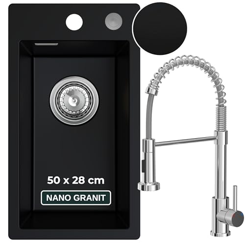 SINK QUALITY Küchenspüle mit Armatur schwarz 28x50 cm - Spülbecken mit Wasserhahn, Siphon PUSH und Imprägniermittel - Granitspüle klein für Unterschränke ab 40 cm - Einbauspüle aus Granit von empiria SINK QUALITY