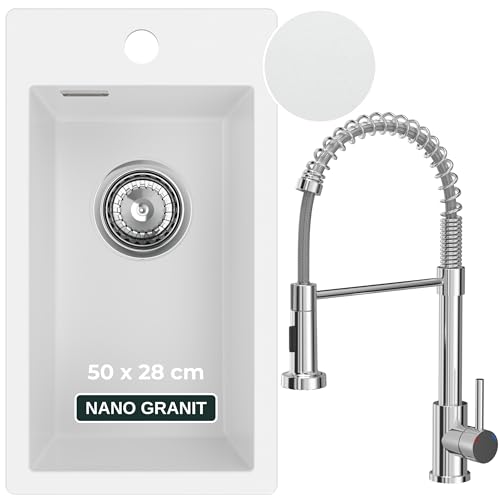 SINK QUALITY Küchenspüle weiß mit Armatur 28x50 cm - Spülbecken mit Wasserhahn, Siphon und Imprägniermittel - Granitspüle klein für Unterschränke ab 40 cm - Einbauspüle aus Granit von empiria SINK QUALITY