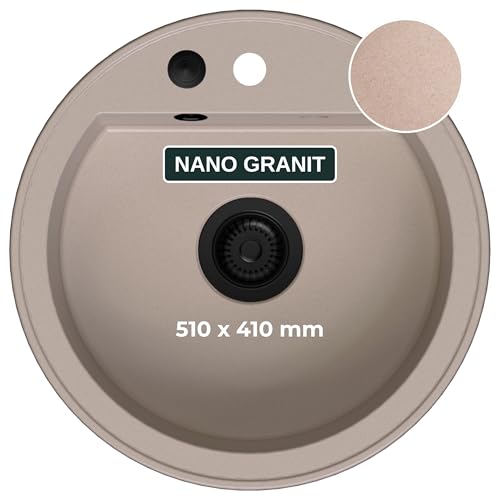 SINK QUALITY Spülbecken Rund Beige Ø 51 cm - Siphon Schwarz und Imprägniermittel inkl. - Küchenspüle Rund aus Granit - Granitspüle für Unterschränke ab 55 cm Breite - Einbauspüle Granit von empiria SINK QUALITY