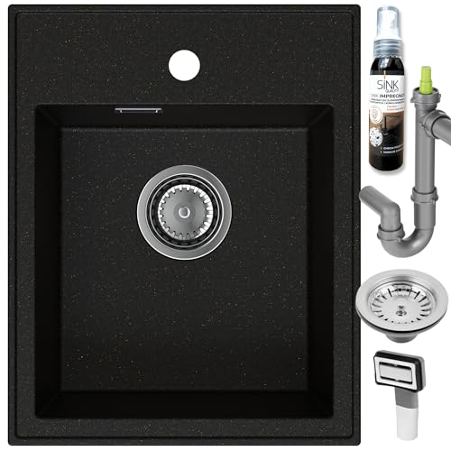 SINK QUALITY Spülbecken Schwarz mit Gold flecken 40x50 cm - Granitspüle mit Siphon und Imprägnierung - Spüle ohne Abtropffläche - Kleines Spülbecken für Küche für Unterschränke ab 40 cm Breite von empiria SINK QUALITY