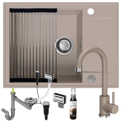 SINK QUALITY Spülbecken beige mit Armatur Set 62x46 - Spüle mit wasserhahn, Siphon PUSH, Abtropfgestell, Imprägniermittel - Küchenspüle Komplettset für 55er Unterschrank SINK QUALITY Spülbecken beige mit Armatur Set 62x46 - Spüle mit wasserhahn, Siphon PUSH, Abtropfgestell, Imprägniermittel - Küchenspüle Komplettset für 55er Unterschrank von empiria SINK QUALITY