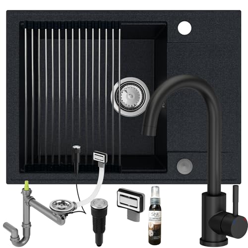 SINK QUALITY Spülbecken mit Armatur Set schwarz mit weißen Flecken 62x46 - Spüle mit wasserhahn, Siphon PUSH, Abtropfgestell, Imprägniermittel - Küchenspüle Komplettset für 55er Unterschrank von empiria SINK QUALITY