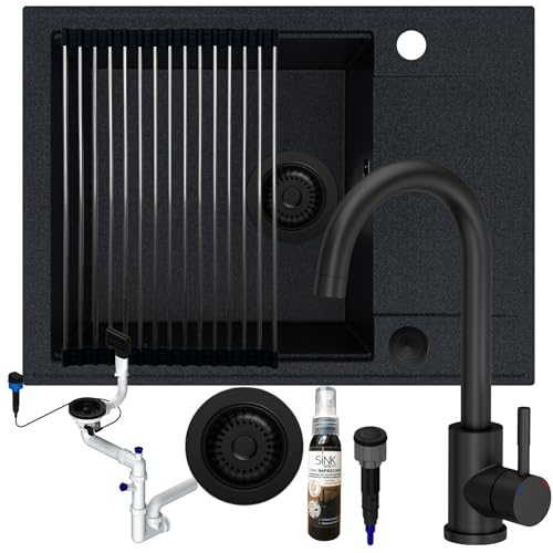 SINK QUALITY Spülbecken mit Armatur Set schwarz mit weißen Flecken 62x46 - Spüle mit wasserhahn, Siphon PUSH schwarz, Abtropfgestell, Imprägniermittel - Küchenspüle Komplettset für 55er Unterschrank SINK QUALITY Spülbecken mit Armatur Set schwarz mit weißen Flecken 62x46 - Spüle mit wasserhahn, Siphon PUSH schwarz, Abtropfgestell, Imprägniermittel - Küchenspüle Komplettset für 55er Unterschrank von empiria SINK QUALITY