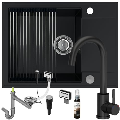 SINK QUALITY Spülbecken schwarz mit Armatur Set 62x46 - Spüle mit wasserhahn, Siphon PUSH, Abtropfgestell, Imprägniermittel - Küchenspüle Komplettset für 55er Unterschrank von empiria SINK QUALITY