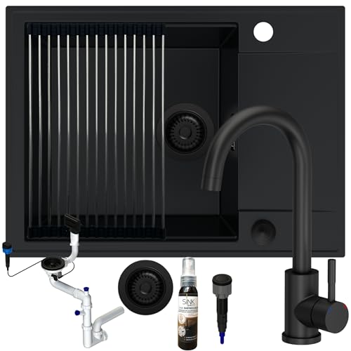 SINK QUALITY Spülbecken schwarz mit Armatur Set 62x46 - Spüle mit wasserhahn, Siphon PUSH schwarz, Abtropfgestell, Imprägniermittel - Küchenspüle Komplettset für 55er Unterschrank SINK QUALITY Spülbecken schwarz mit Armatur Set 62x46 - Spüle mit wasserhahn, Siphon PUSH schwarz, Abtropfgestell, Imprägniermittel - Küchenspüle Komplettset für 55er Unterschrank von empiria SINK QUALITY