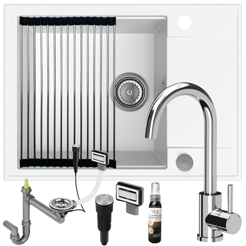 SINK QUALITY Spülbecken weiß mit Armatur Set 62x46 - Spüle mit wasserhahn, Siphon PUSH, Abtropfgestell, Imprägniermittel - Küchenspüle Komplettset für 55er Unterschrank von empiria SINK QUALITY