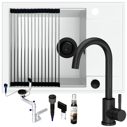 SINK QUALITY Spülbecken weiß mit Armatur Set 62x46 - Spüle mit wasserhahn, Siphon PUSH schwarz, Abtropfgestell, Imprägniermittel - Küchenspüle Komplettset für 55er Unterschrank von empiria SINK QUALITY