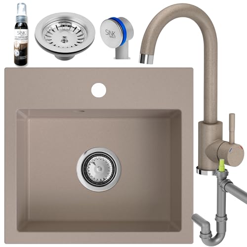 SINK Quality Beige Spüle mit Armatur Set 45 × 42 cm - Spülbecken mit Wasserhahn, Siphon und Imprägnierung - Einbauspüle Komplettset aus Granit - Spüle für Unterschrank ab 45cm von empiria SINK QUALITY