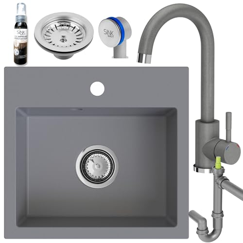 SINK Quality Graue Spüle mit Armatur Set 45 × 42 cm - Spülbecken mit Wasserhahn, Siphon und Imprägnierung - Einbauspüle Komplettset aus Granit - Spüle für Unterschrank ab 45cm SINK Quality Graue Spüle mit Armatur Set 45 × 42 cm - Spülbecken mit Wasserhahn, Siphon und Imprägnierung - Einbauspüle Komplettset aus Granit - Spüle für Unterschrank ab 45cm von empiria SINK QUALITY