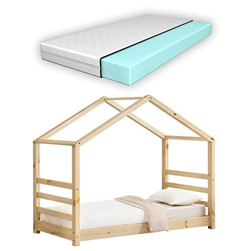Kinderbett + Matratze mit Lattenrost und Gitter 80x160cm Hausbett Holz Bettenhaus Bett Jugendbett von [en.casa]