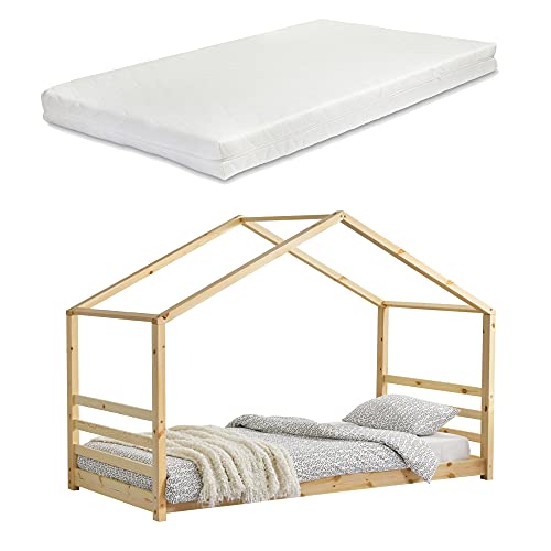 Kinderbett + Matratze mit Lattenrost und Gitter 90x200cm Hausbett Holz Bettenhaus Bett Jugendbett von [en.casa]